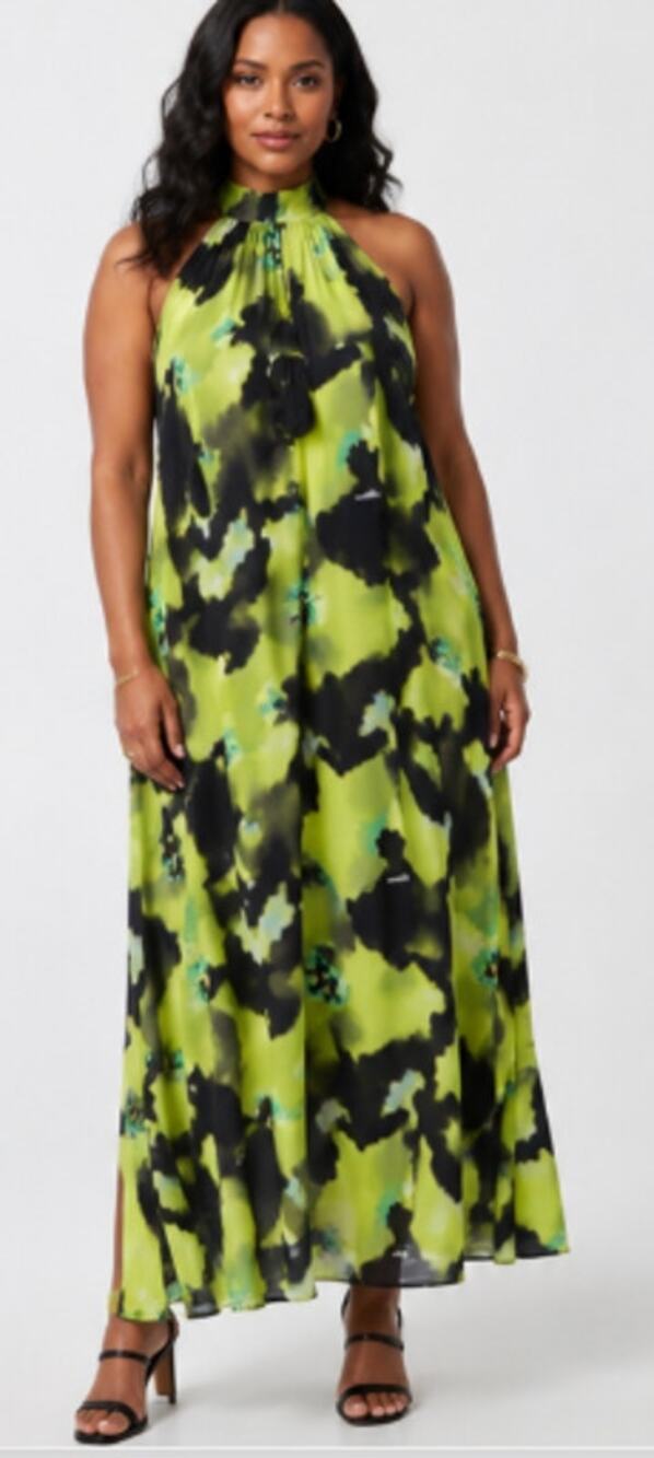 New Eloquii Halter Maxi Dress Chartreuse Black Watercolor Print Size 18